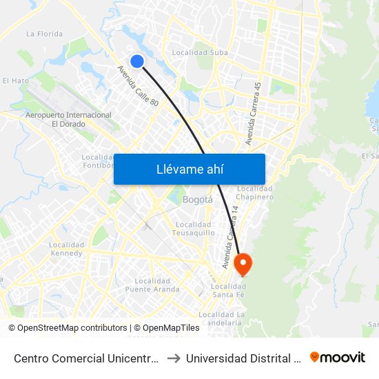 Centro Comercial Unicentro De Occidente (Kr 112f - Dg 86 Bis) to Universidad Distrital Facultad Del Medio Ambiente map