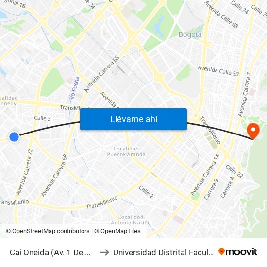 Cai Oneida (Av. 1 De Mayo - Cl 35b Sur) (A) to Universidad Distrital Facultad Del Medio Ambiente map