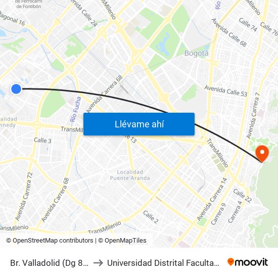 Br. Valladolid (Dg 8a - Av. A. Mejía) to Universidad Distrital Facultad Del Medio Ambiente map