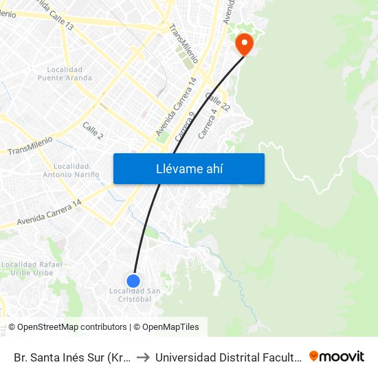 Br. Santa Inés Sur (Kr 4 Este - Cl 29 Sur) to Universidad Distrital Facultad Del Medio Ambiente map