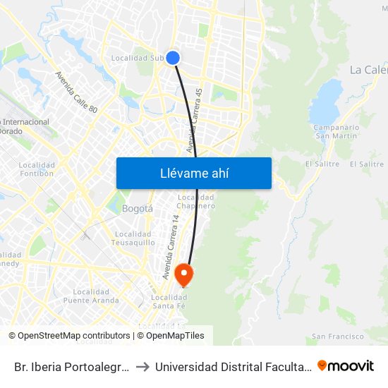 Br. Iberia Portoalegre (Cl 138 - Kr 58) to Universidad Distrital Facultad Del Medio Ambiente map