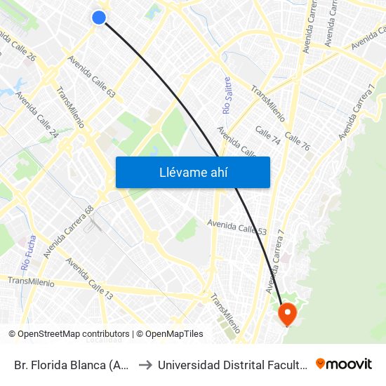 Br. Florida Blanca (Av. C. De Cali - Cl 70) to Universidad Distrital Facultad Del Medio Ambiente map