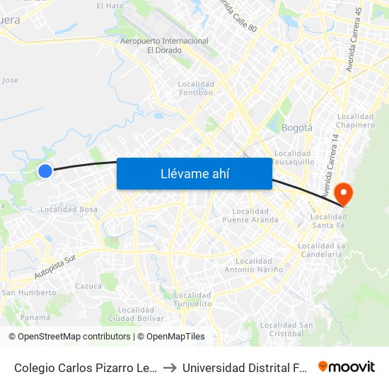 Colegio Carlos Pizarro León Gómez (Cl 73 Sur - Kr 103) to Universidad Distrital Facultad Del Medio Ambiente map