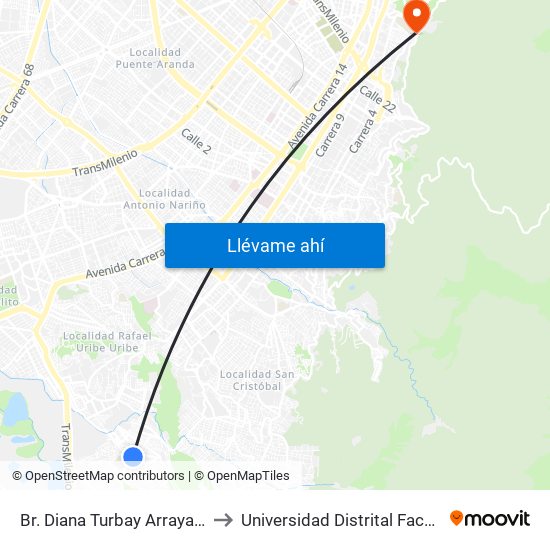 Br. Diana Turbay Arrayanes (Cl 49b Sur - Kr 3a) to Universidad Distrital Facultad Del Medio Ambiente map