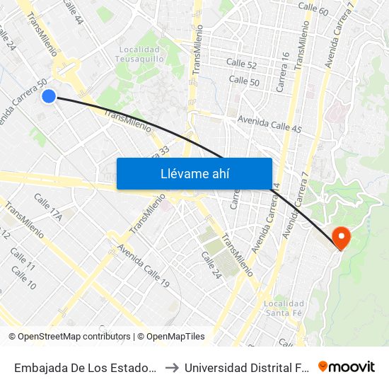 Embajada De Los Estados Unidos (Av. Esperanza - Kr 48) to Universidad Distrital Facultad Del Medio Ambiente map