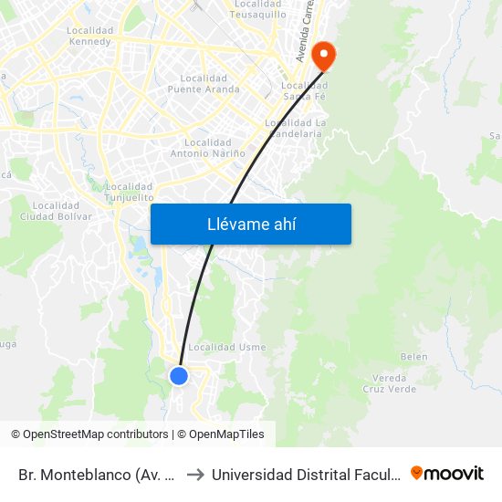 Br. Monteblanco (Av. Caracas - Cl 93b Sur) to Universidad Distrital Facultad Del Medio Ambiente map