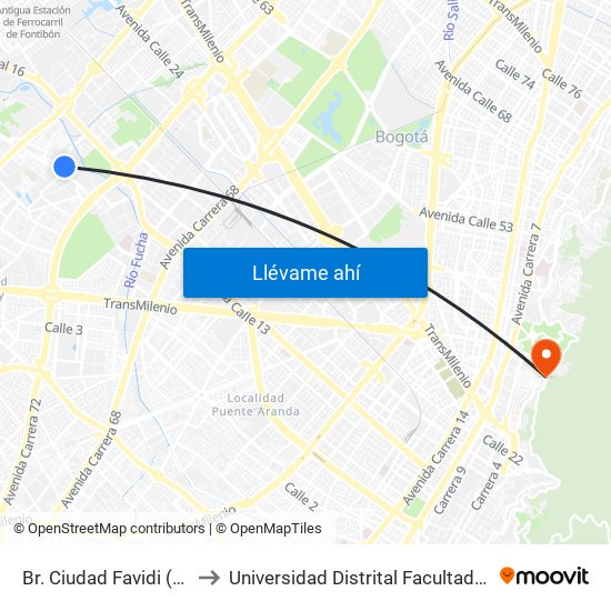 Br. Ciudad Favidi (Cl 13 - Kr 79a) to Universidad Distrital Facultad Del Medio Ambiente map