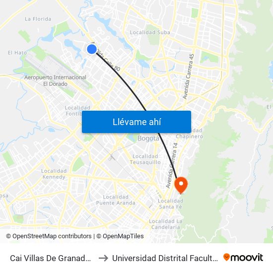 Cai Villas De Granada (Kr 112a - Cl 77c) to Universidad Distrital Facultad Del Medio Ambiente map