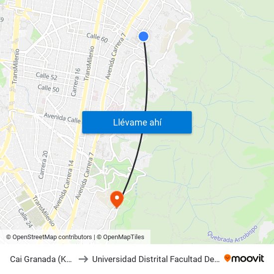 Cai Granada (Kr 4 - Cl 64) to Universidad Distrital Facultad Del Medio Ambiente map