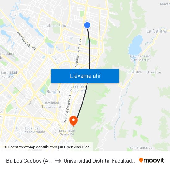 Br. Los Caobos (Ac 147 - Ak 19) to Universidad Distrital Facultad Del Medio Ambiente map