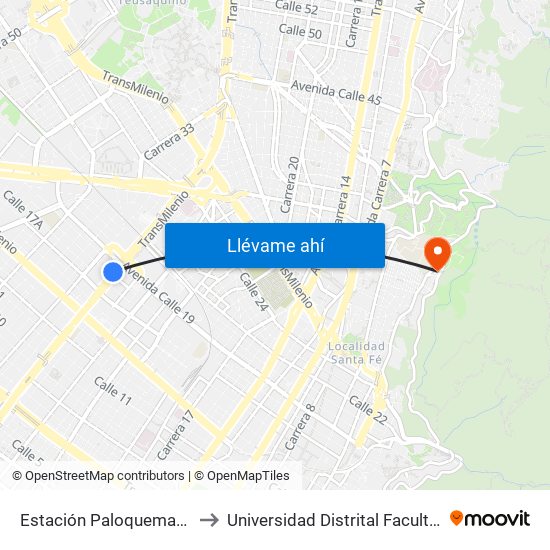 Estación Paloquemao (Av. NQS - Cl 17a) to Universidad Distrital Facultad Del Medio Ambiente map