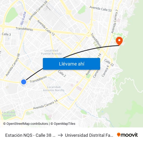 Estación NQS - Calle 38 Sur (Auto Sur - Dg 38a Sur) to Universidad Distrital Facultad Del Medio Ambiente map