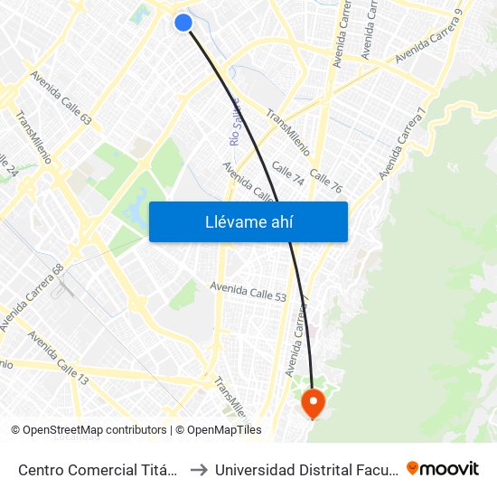 Centro Comercial Titán Plaza (Ac 80 - Kr 69t) to Universidad Distrital Facultad Del Medio Ambiente map
