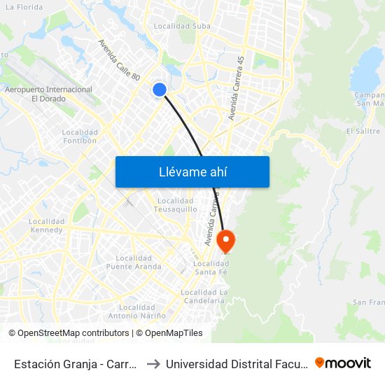 Estación Granja - Carrera 77 (Ac 80 - Tv 76d) to Universidad Distrital Facultad Del Medio Ambiente map