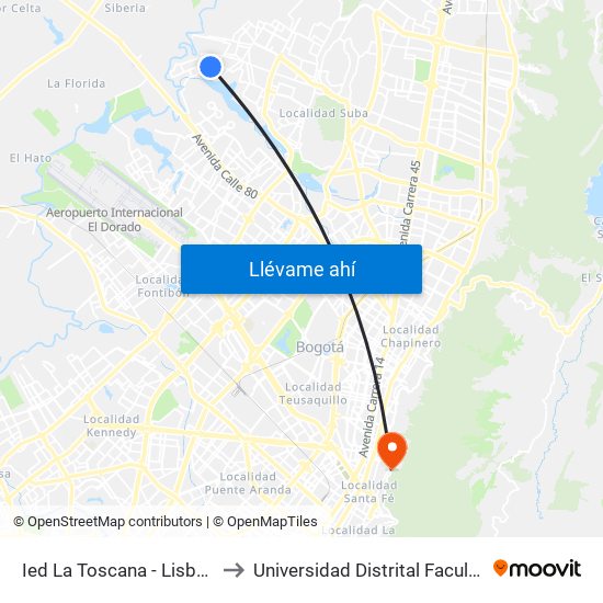 Ied La Toscana - Lisboa (Cl 132 - Kr 145a) to Universidad Distrital Facultad Del Medio Ambiente map