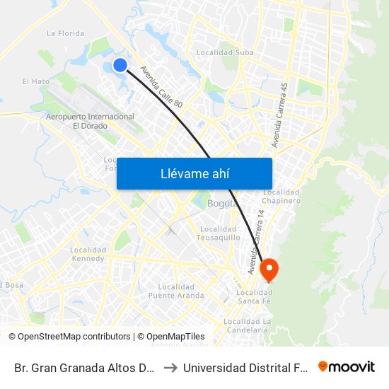 Br. Gran Granada Altos De La Sabana (Tv 123a - Dg 77b) to Universidad Distrital Facultad Del Medio Ambiente map