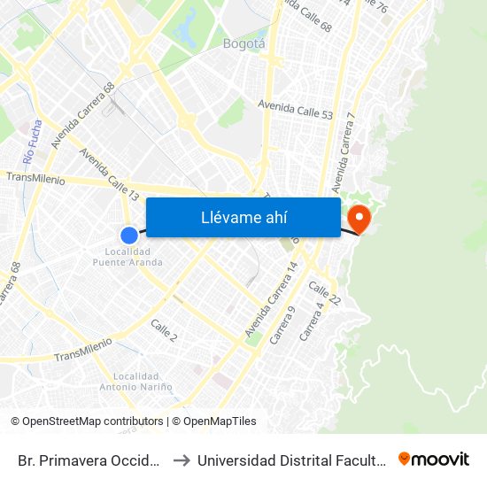 Br. Primavera Occidental (Ac 6 - Kr 41) to Universidad Distrital Facultad Del Medio Ambiente map