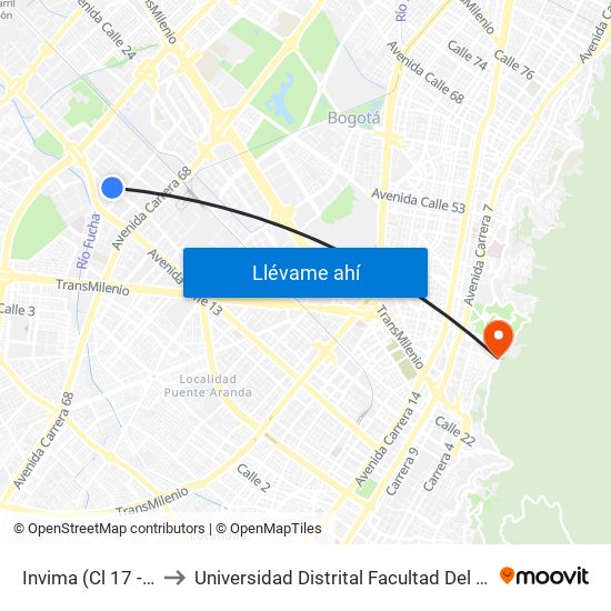 Invima (Cl 17 - Kr 68d) to Universidad Distrital Facultad Del Medio Ambiente map