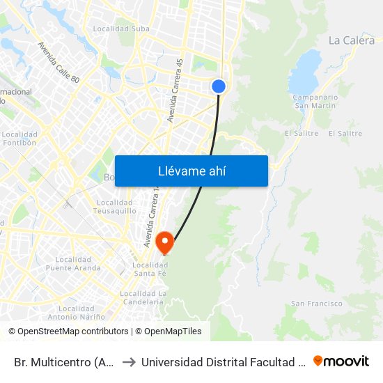 Br. Multicentro (Ak 11 - Cl 123) to Universidad Distrital Facultad Del Medio Ambiente map