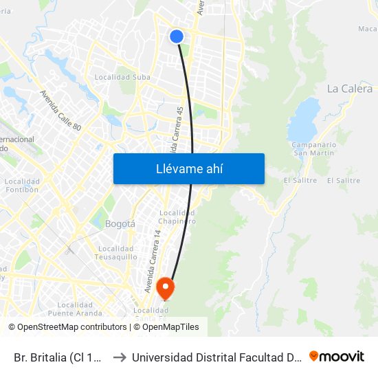 Br. Britalia (Cl 167 - Kr 54d) to Universidad Distrital Facultad Del Medio Ambiente map