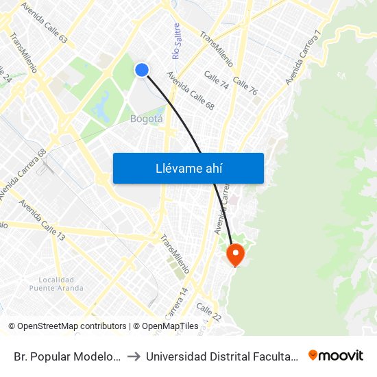 Br. Popular Modelo (Ak 60 - Ac 64) to Universidad Distrital Facultad Del Medio Ambiente map