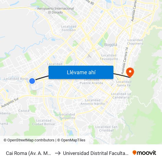 Cai Roma (Av. A. Mejía - Cl 55a Sur) to Universidad Distrital Facultad Del Medio Ambiente map