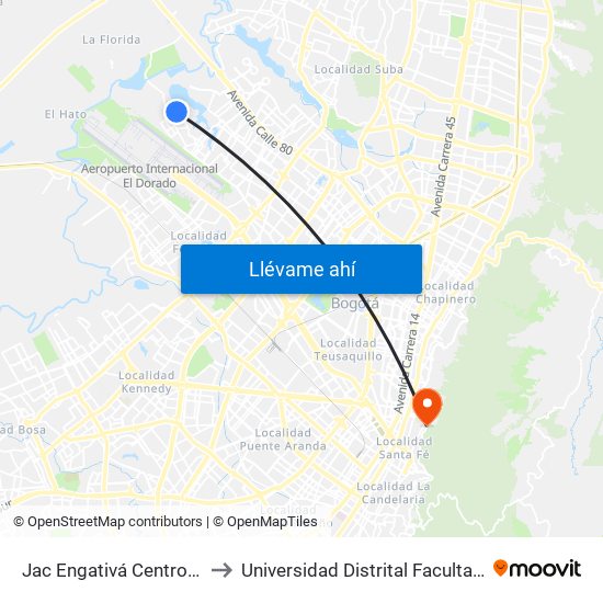 Jac Engativá Centro (Cl 66b - Kr 121) to Universidad Distrital Facultad Del Medio Ambiente map