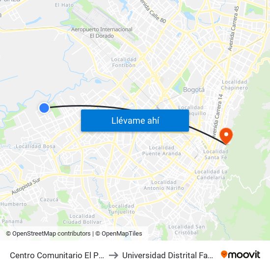 Centro Comunitario El Porvenir (Cl 52 Sur - Kr 100) to Universidad Distrital Facultad Del Medio Ambiente map