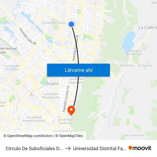 Círculo De Suboficiales De Las FF.MM. (Ac 138 - Kr 56) to Universidad Distrital Facultad Del Medio Ambiente map