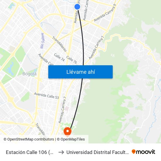 Estación Calle 106 (Auto Norte - Cl 105) to Universidad Distrital Facultad Del Medio Ambiente map