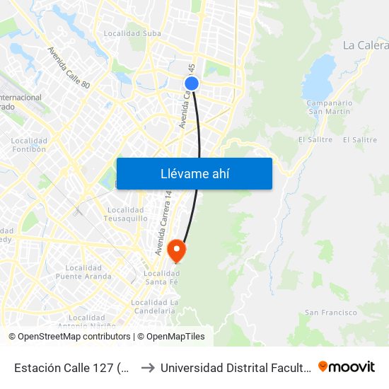 Estación Calle 127 (Auto Norte - Cl 123) to Universidad Distrital Facultad Del Medio Ambiente map