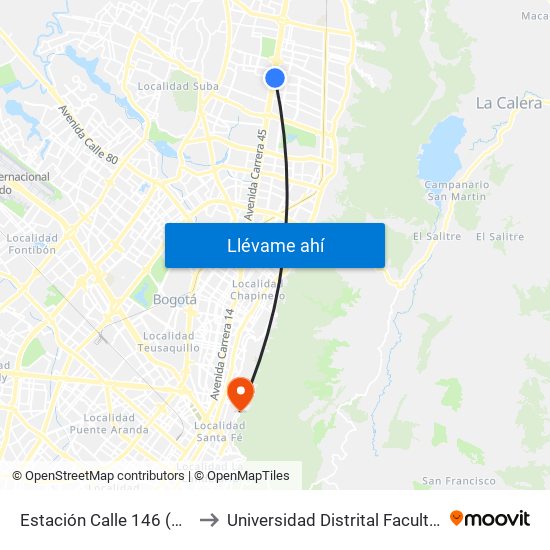 Estación Calle 146 (Auto Norte - Cl 148) to Universidad Distrital Facultad Del Medio Ambiente map