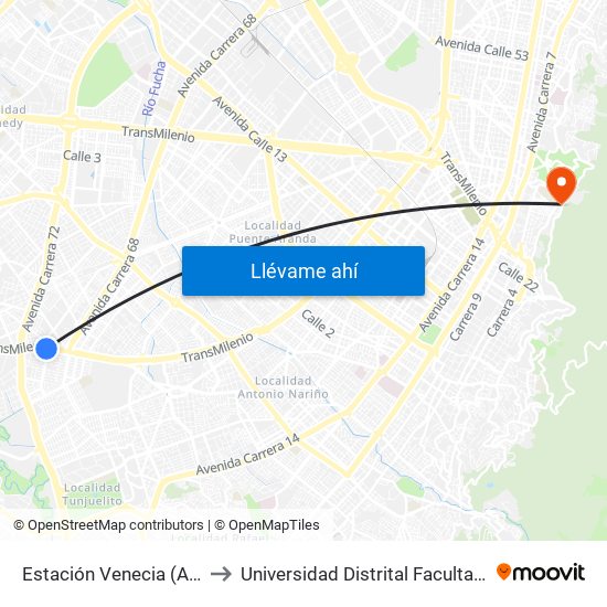 Estación Venecia (Auto Sur - Kr 54a) to Universidad Distrital Facultad Del Medio Ambiente map