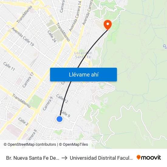 Br. Nueva Santa Fe De Bogotá (Kr 4 - Cl 6) to Universidad Distrital Facultad Del Medio Ambiente map