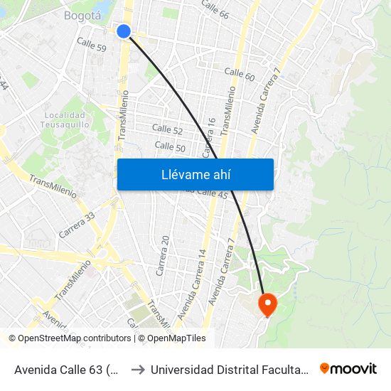 Avenida Calle 63 (Av. NQS - Ac 63) to Universidad Distrital Facultad Del Medio Ambiente map