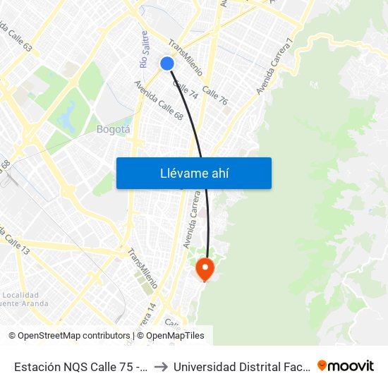 Estación NQS Calle 75 - Zona M (Av. NQS - Cl 75) to Universidad Distrital Facultad Del Medio Ambiente map