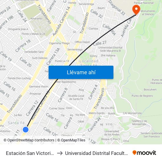 Estación San Victorino (Ak 10 - Cl 12) to Universidad Distrital Facultad Del Medio Ambiente map