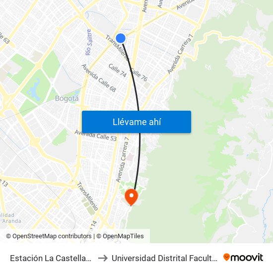 Estación La Castellana (Av NQS - Cl 86) to Universidad Distrital Facultad Del Medio Ambiente map