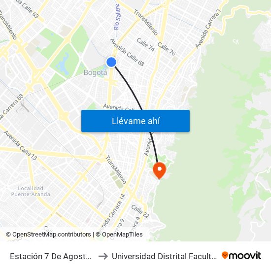 Estación 7 De Agosto (Av. NQS - Cl 63g) to Universidad Distrital Facultad Del Medio Ambiente map