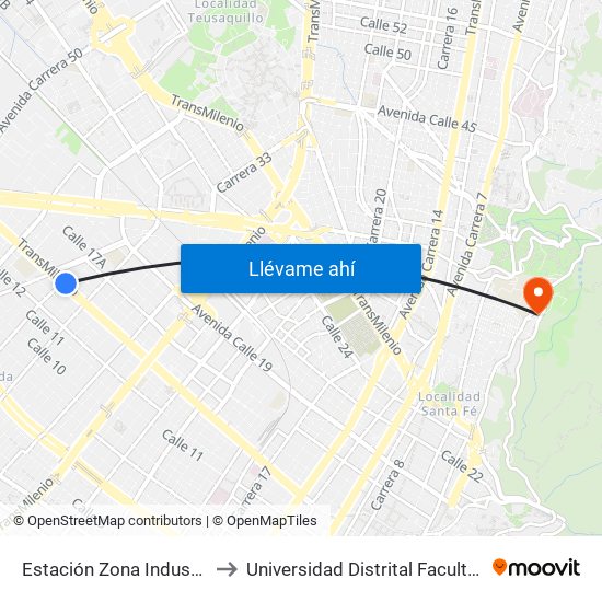 Estación Zona Industrial (Ac 13 - Kr 38) to Universidad Distrital Facultad Del Medio Ambiente map