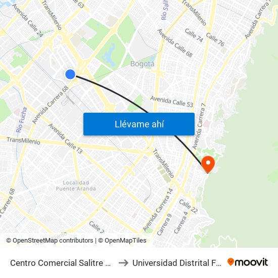 Centro Comercial Salitre Plaza (Av. La Esperanza - Kr 68a) to Universidad Distrital Facultad Del Medio Ambiente map