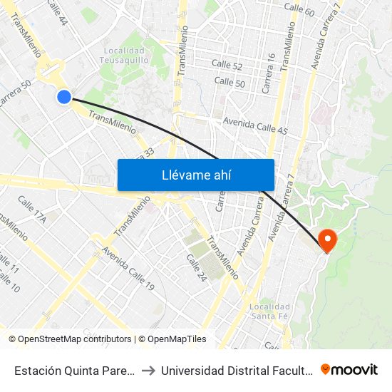 Estación Quinta Paredes (Ac 26 - Kr 45) to Universidad Distrital Facultad Del Medio Ambiente map