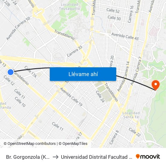 Br. Gorgonzola (Kr 43 - Cl 12b) to Universidad Distrital Facultad Del Medio Ambiente map