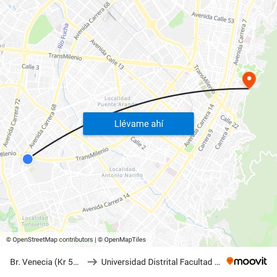 Br. Venecia (Kr 50 - Dg 45 Sur) to Universidad Distrital Facultad Del Medio Ambiente map