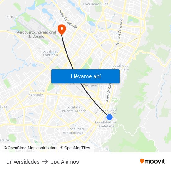 Universidades to Upa Álamos map