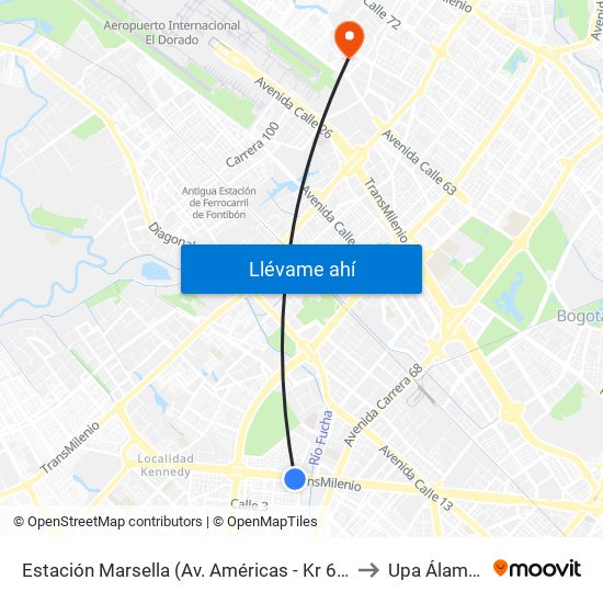 Estación Marsella (Av. Américas - Kr 69b) to Upa Álamos map