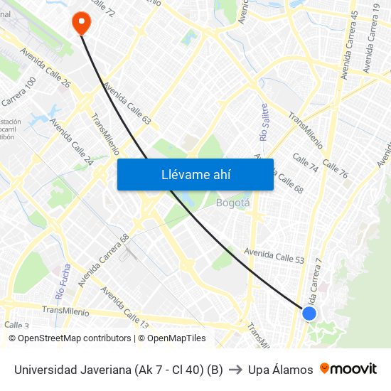 Universidad Javeriana (Ak 7 - Cl 40) (B) to Upa Álamos map