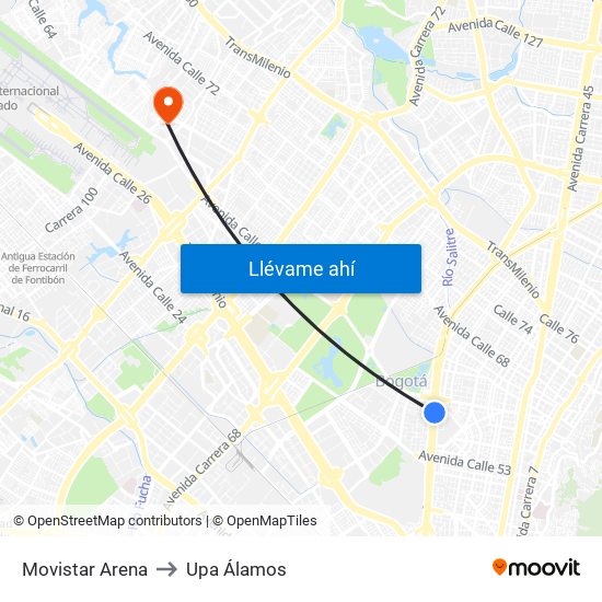 Movistar Arena to Upa Álamos map