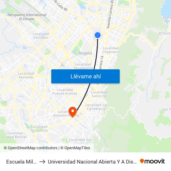 Escuela Militar to Universidad Nacional Abierta Y A Distancia map