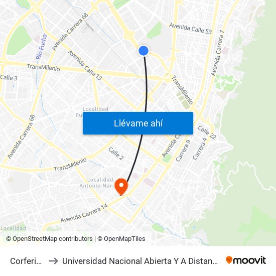 Corferias to Universidad Nacional Abierta Y A Distancia map